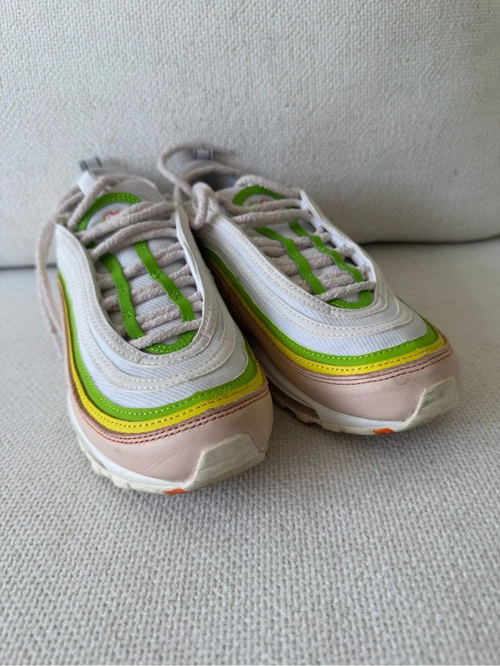 Nike Air Max 97 in Pastel Pink with Green & Yellow Stripes